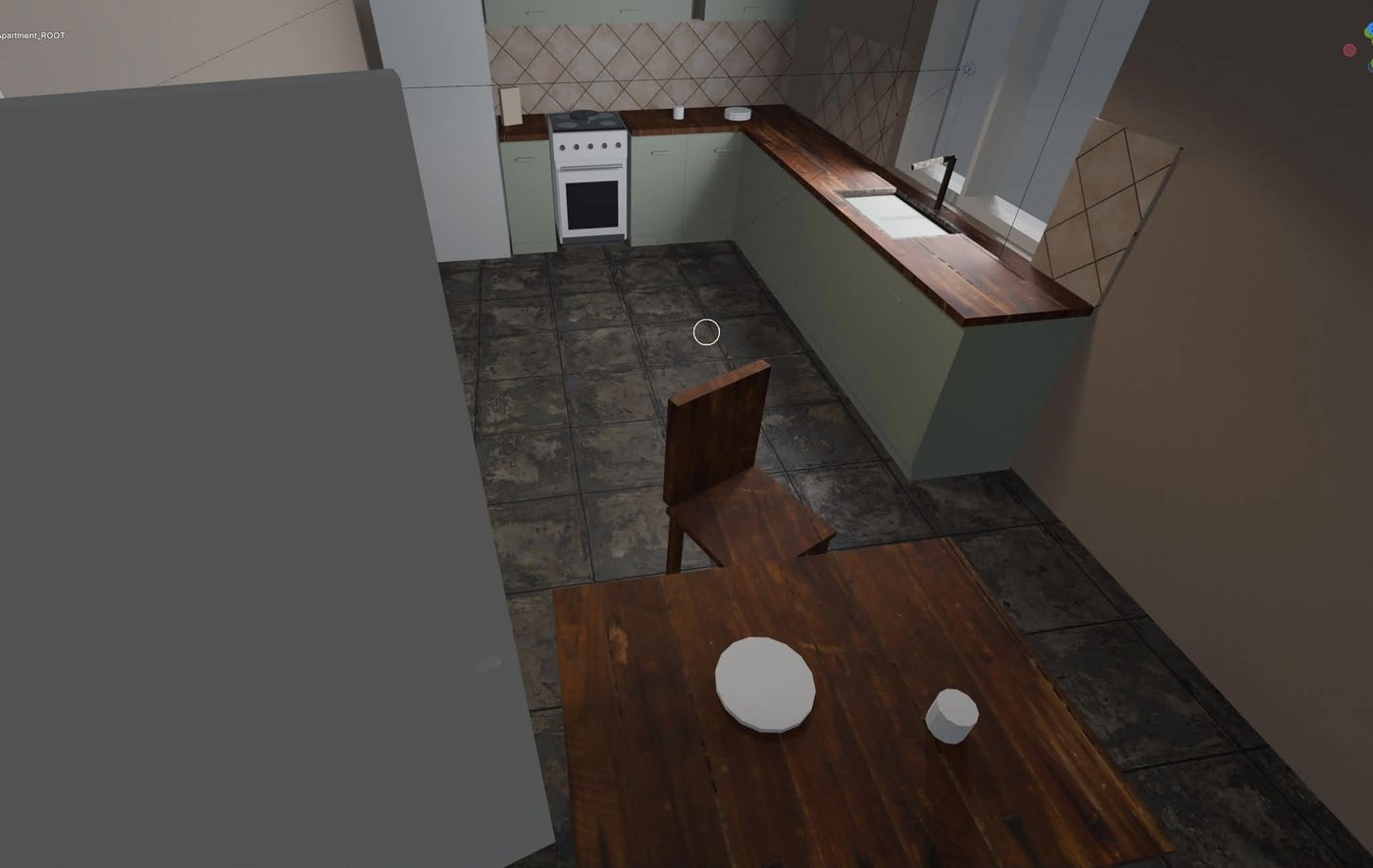 Unscripted in the Unity editor — the apartment's kitchen, mid-assembly