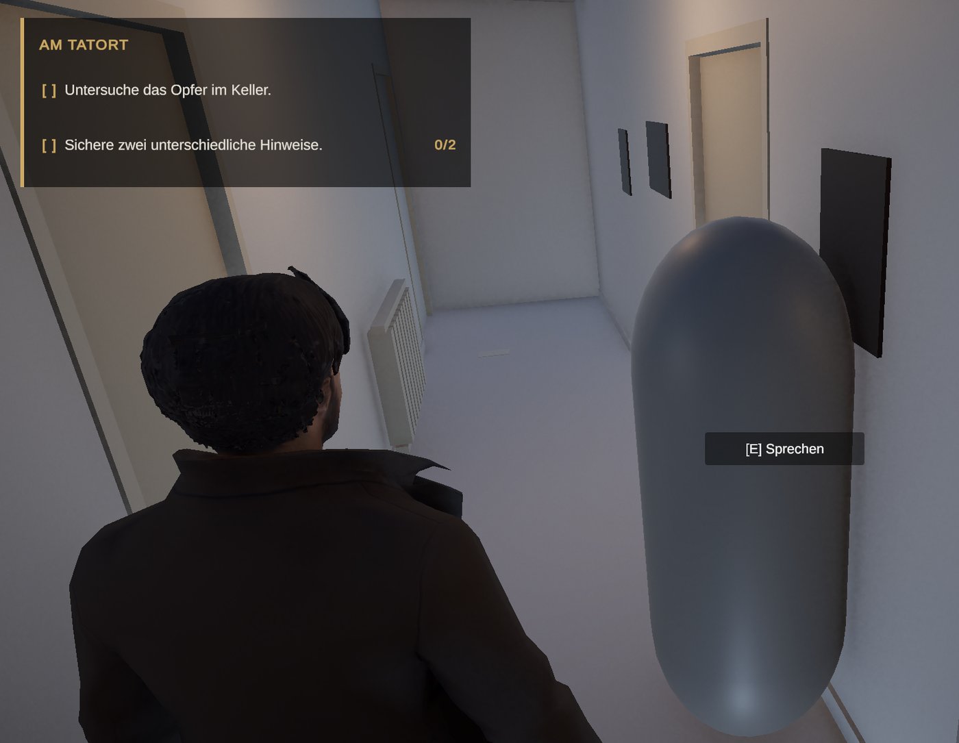 Unscripted — approaching an NPC in a hallway, with a 'Press E to talk' interaction prompt