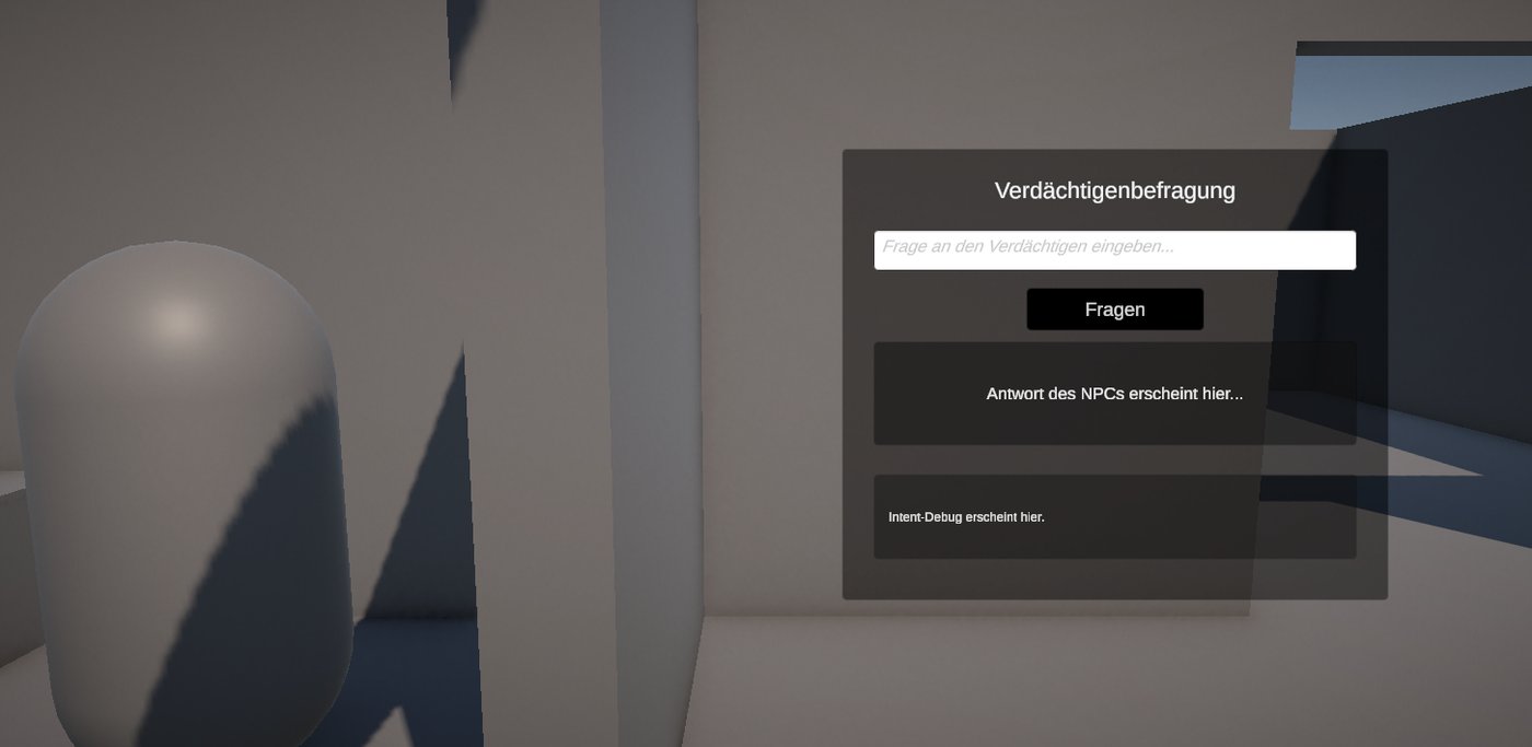 Unscripted — an early interrogation interface with a free-text question field and a visible intent-recognition debug line